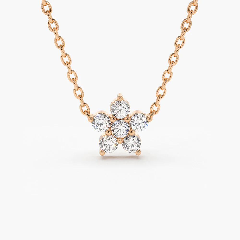 14K Solid Gold Flower Charm Diamond Necklace view 4
