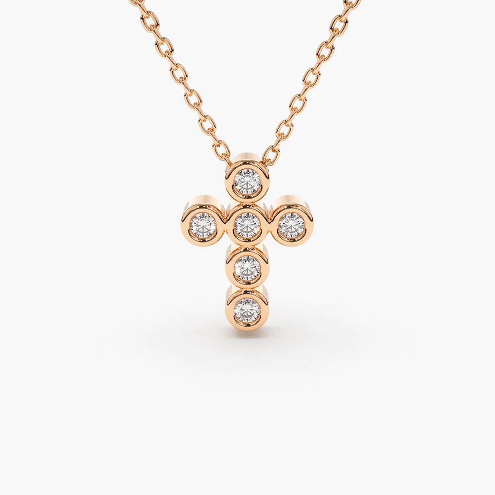 14K Solid Gold 6 Stone Bezel Setting Diamond Cross Necklace