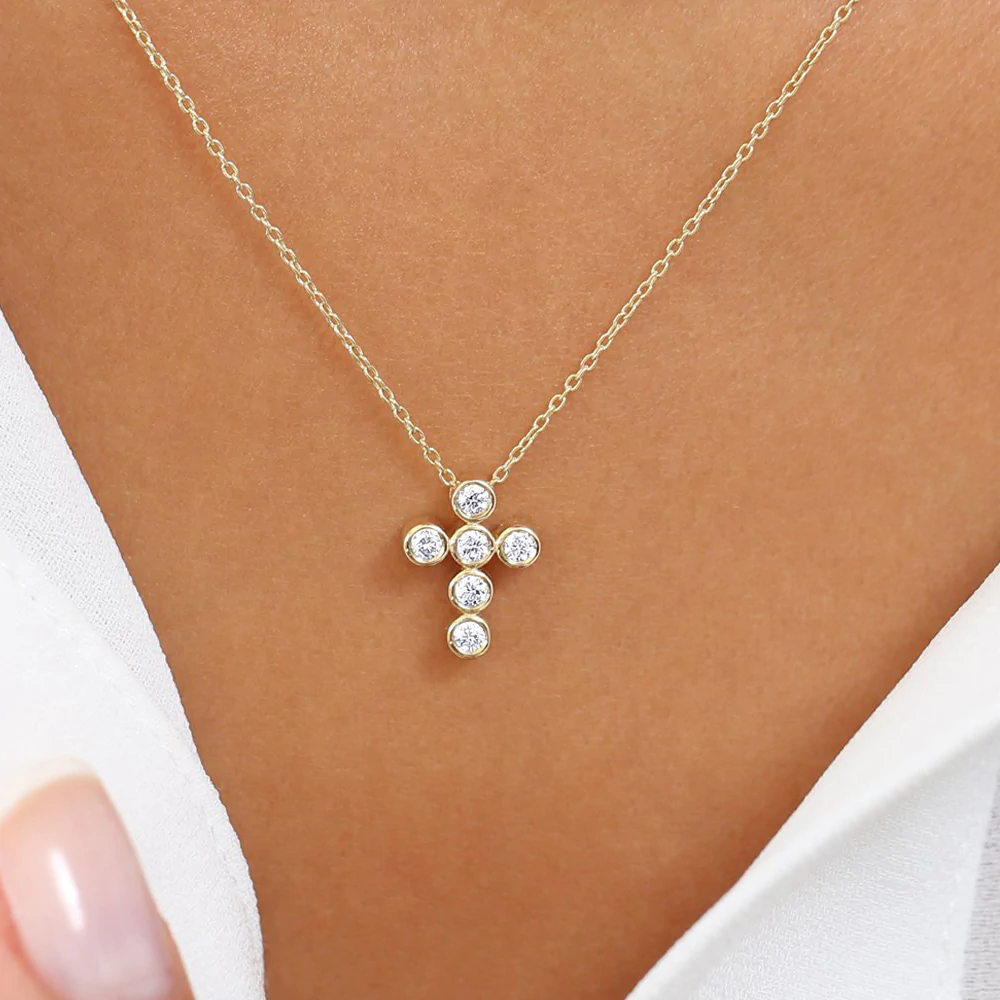 14K Solid Gold 6 Stone Bezel Setting Diamond Cross Necklace view 2