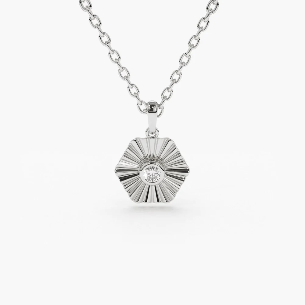 14K Solid Gold Hexagon Diamond Disc Ray Necklace