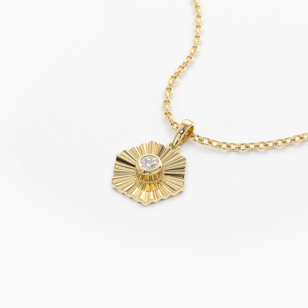 14K Solid Gold Hexagon Diamond Disc Ray Necklace view 2