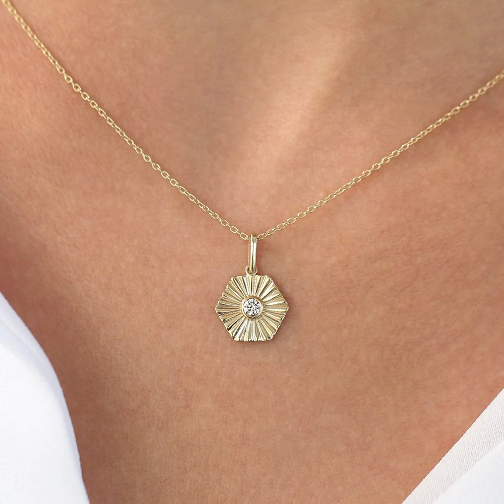 14K Solid Gold Hexagon Diamond Disc Ray Necklace view 3