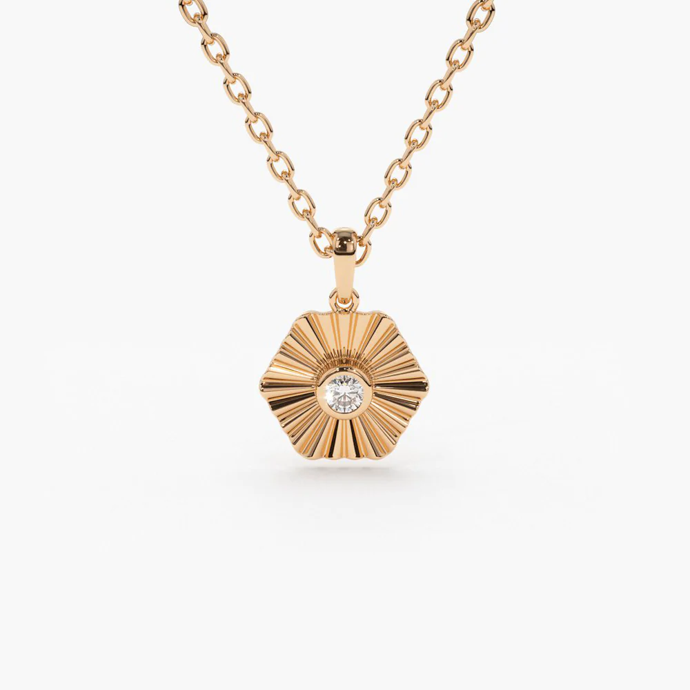14K Solid Gold Hexagon Diamond Disc Ray Necklace view 4