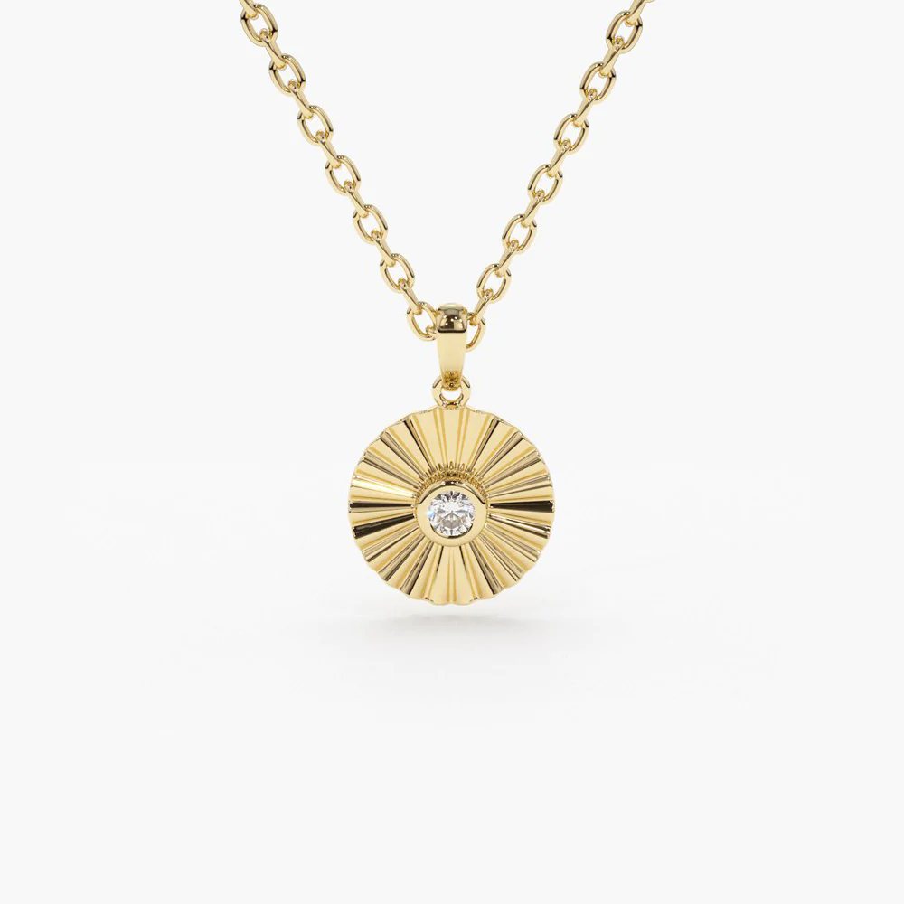 14K Solid Gold Diamond Disc Ray Necklace