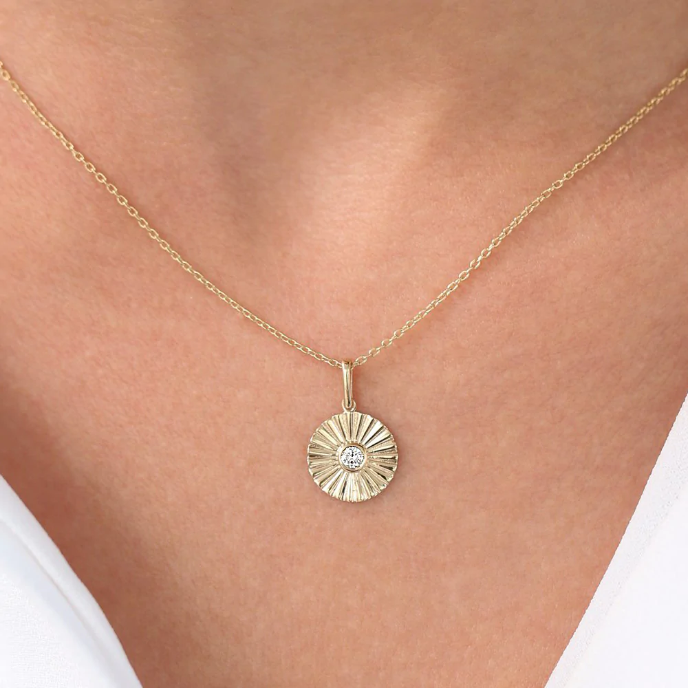 14K Solid Gold Diamond Disc Ray Necklace view 2