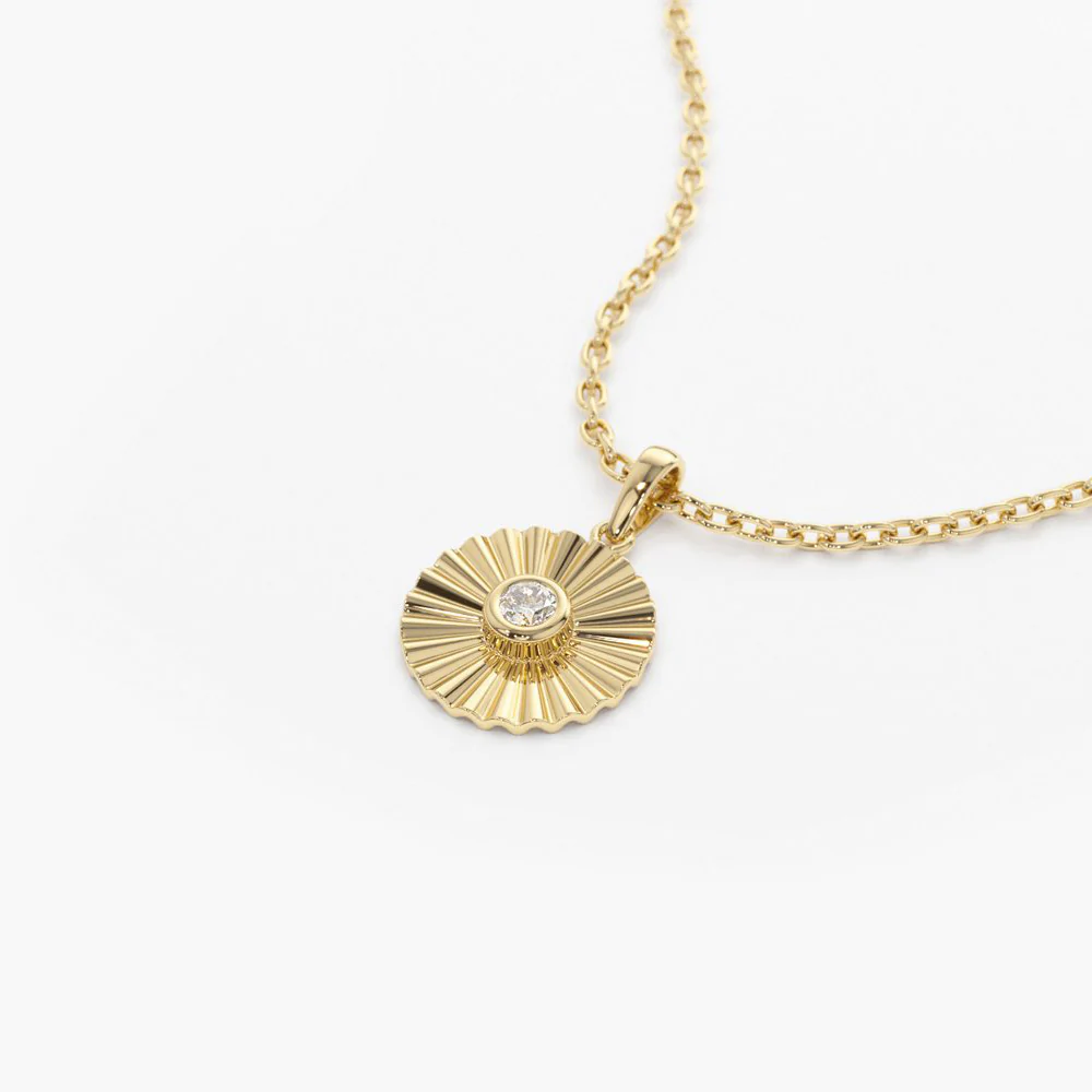14K Solid Gold Diamond Disc Ray Necklace view 3