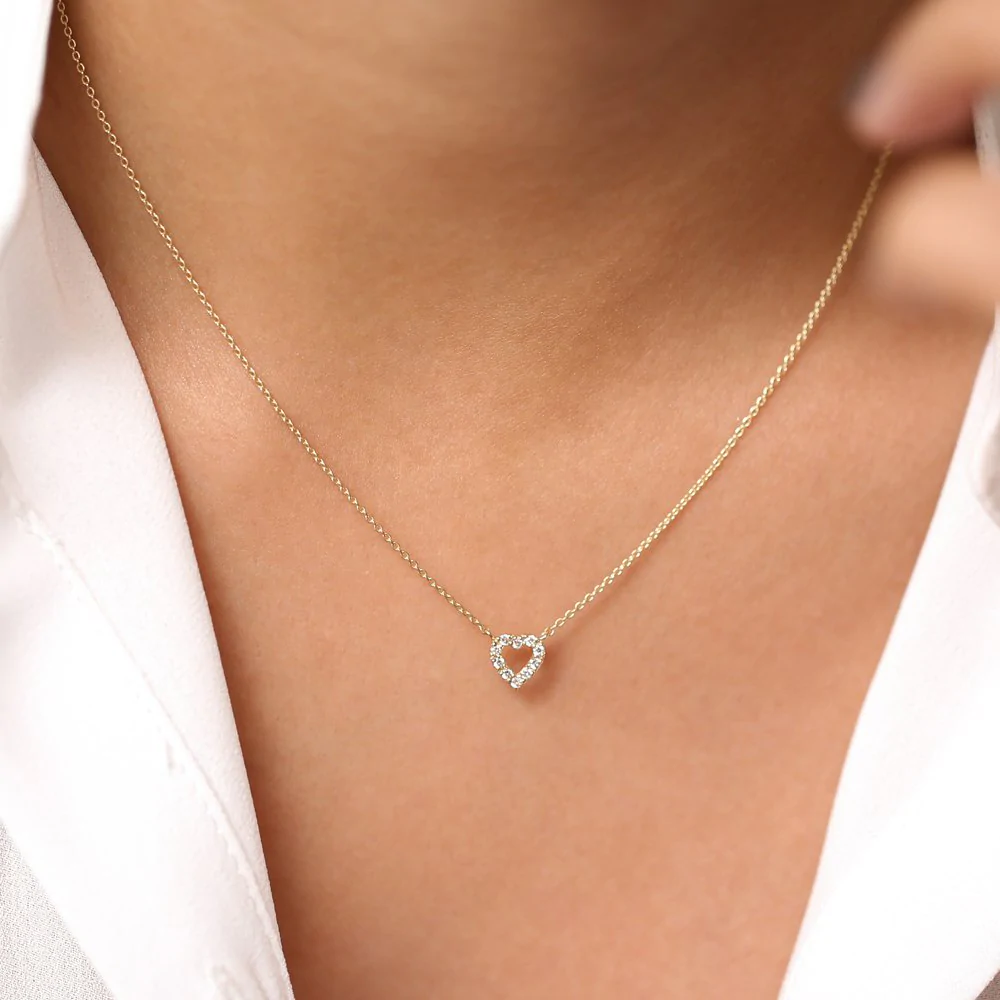 14K Solid Gold Tiny Diamond Heart Necklace view 2
