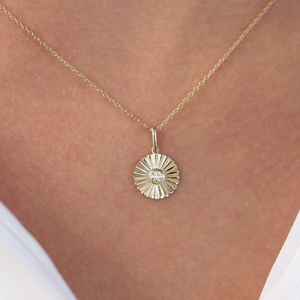 14K Solid Gold Diamond Disc Ray Necklace view 5