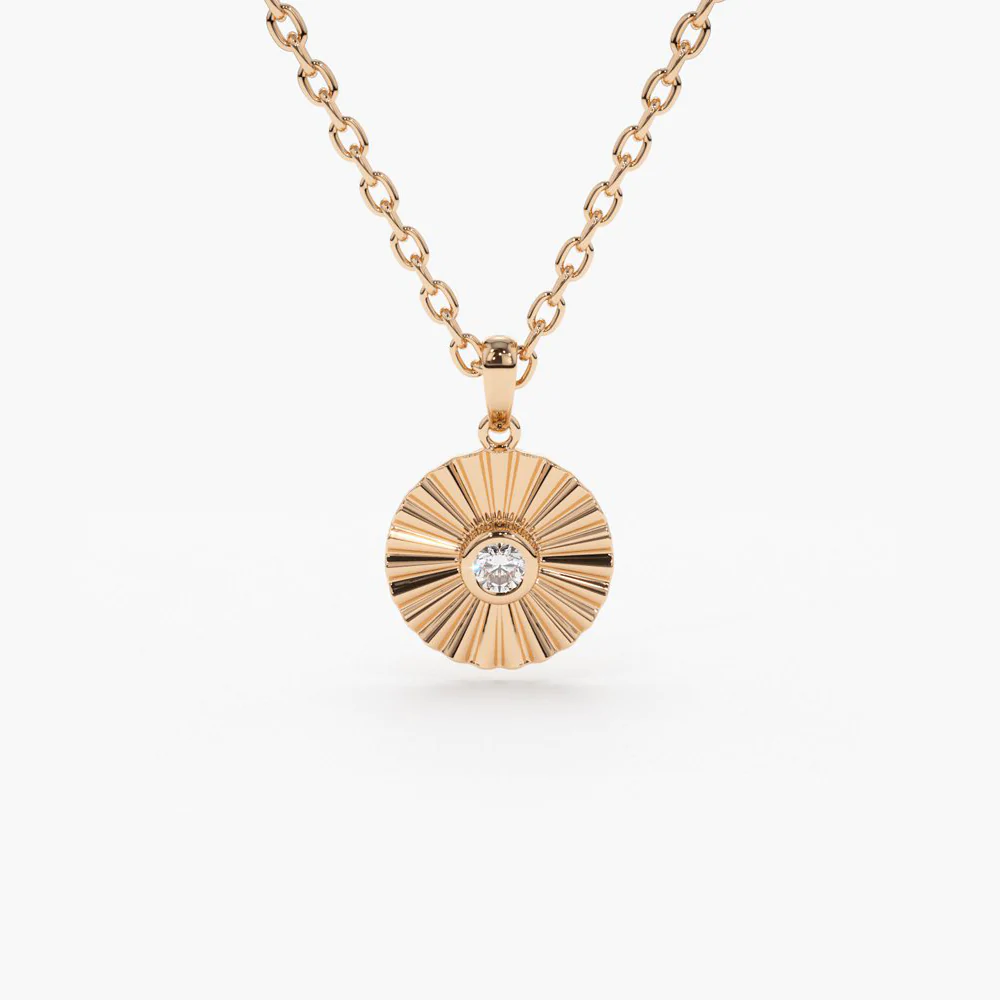 14K Solid Gold Diamond Disc Ray Necklace view 6