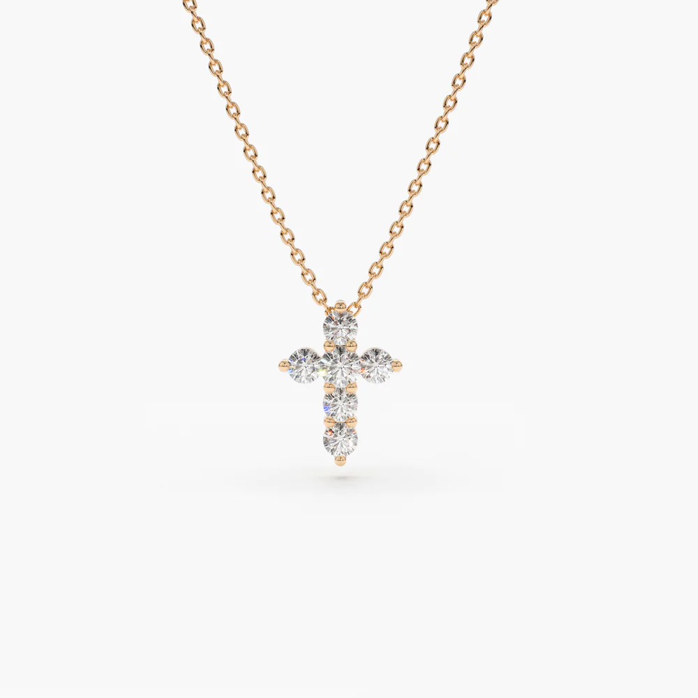 14K Solid Gold Tiny Ball Diamond Cross Necklace