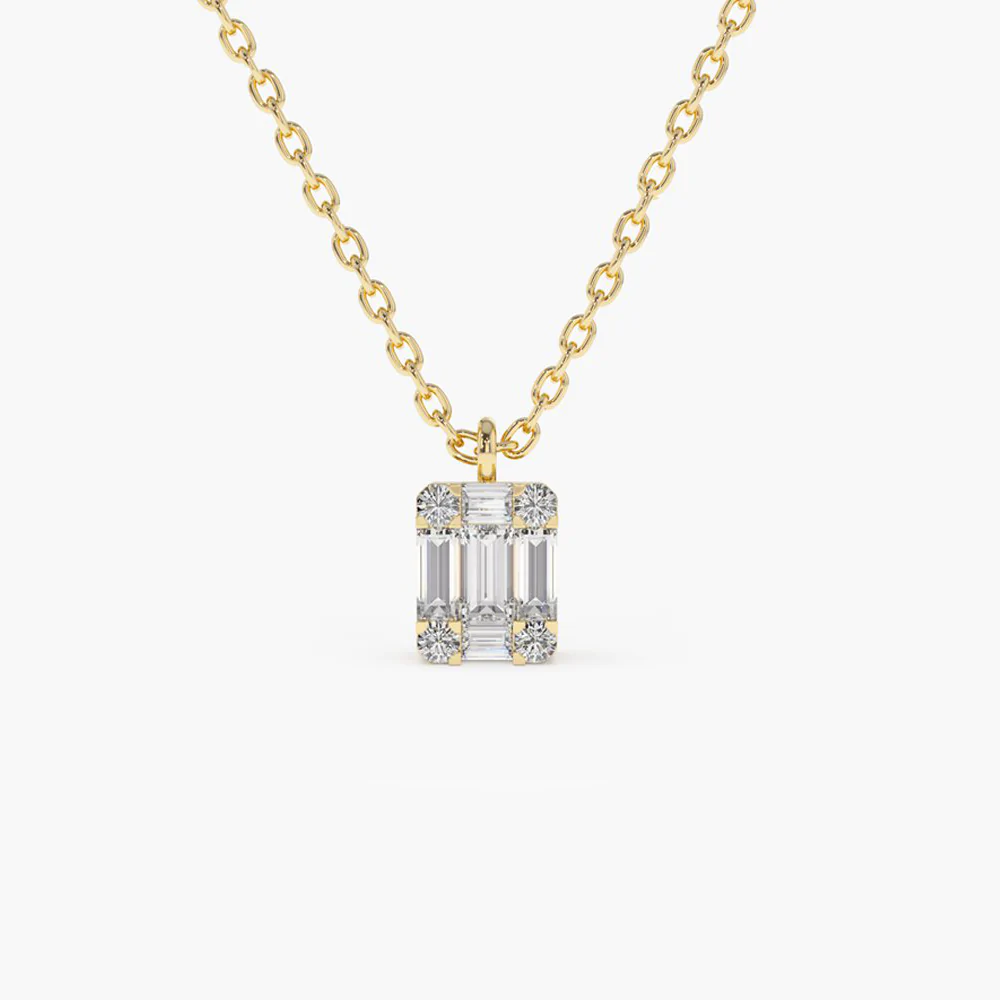 14K Solid Gold Baguette & Round Diamon Charm Pendant