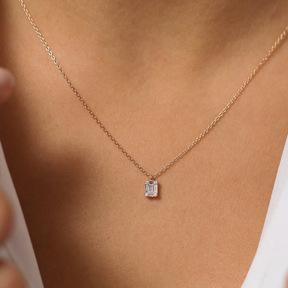 14K Solid Gold Baguette & Round Diamon Charm Pendant view 2