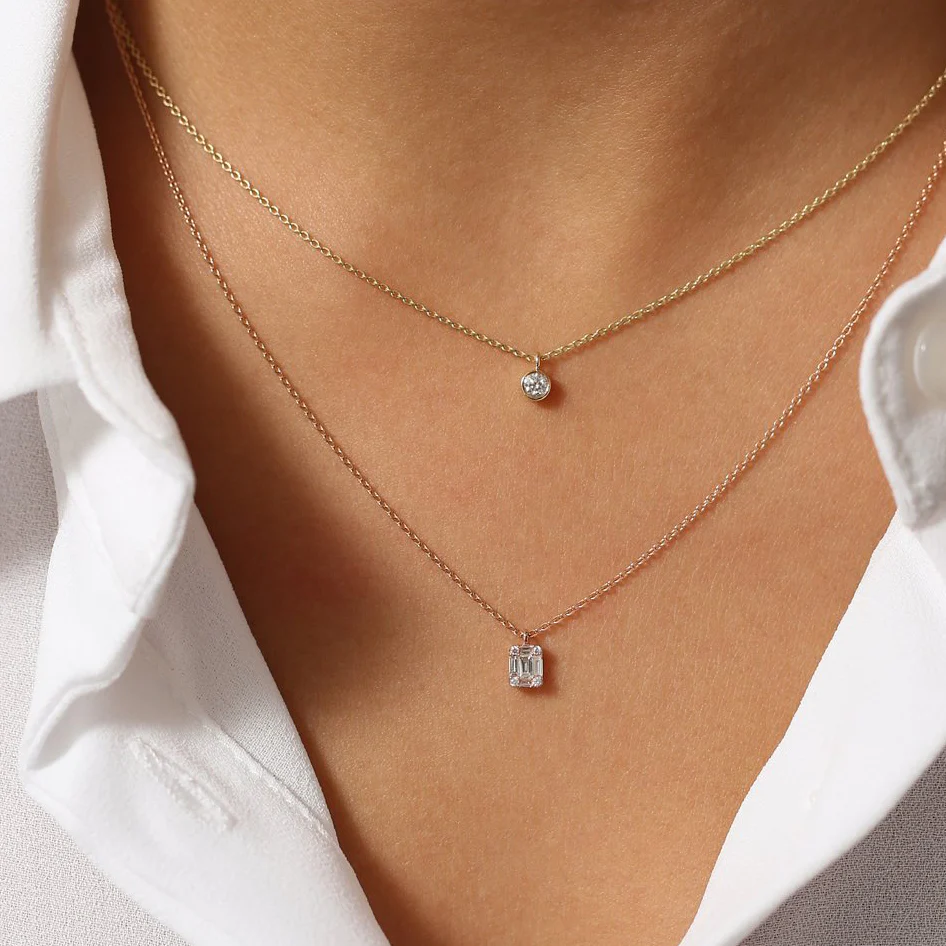 14K Solid Gold Baguette & Round Diamon Charm Pendant view 5