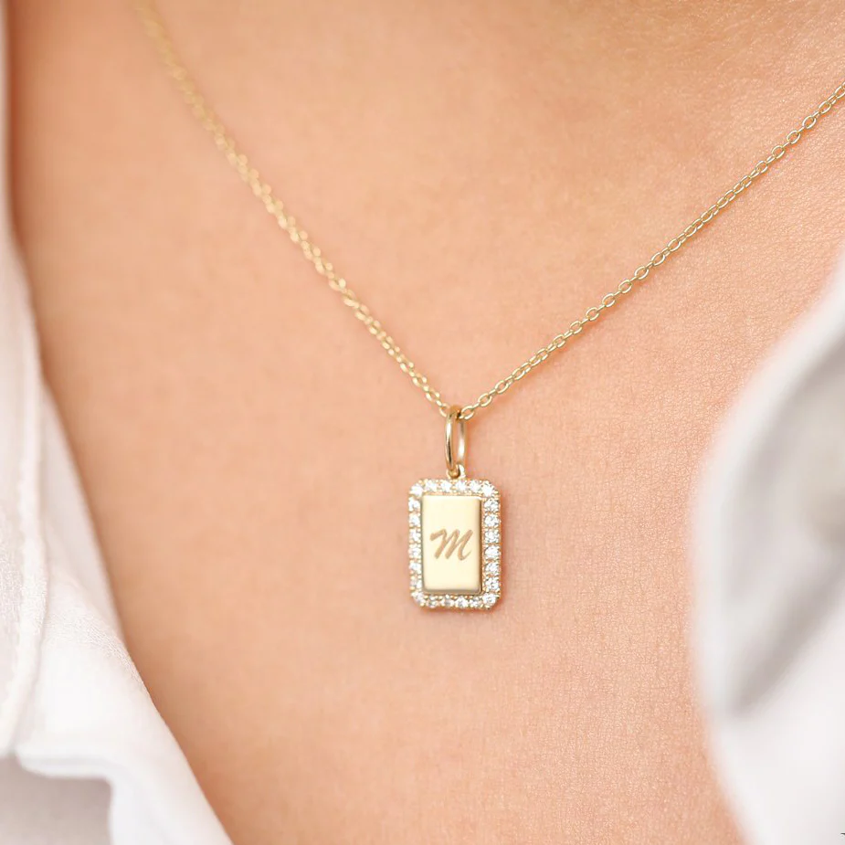 14K Solid Gold Diamond Tag Initial Necklace view 2