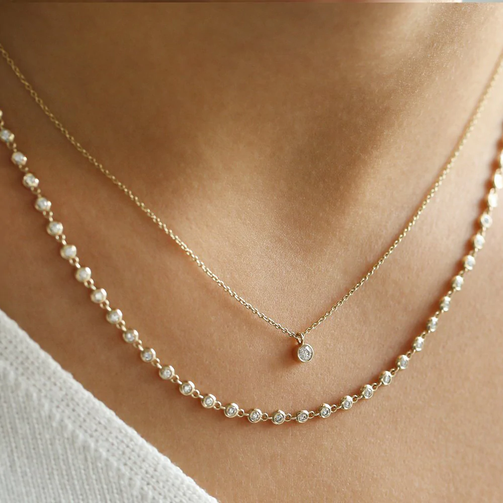14K Solid Gold Bezel Setting Diamond Tennis Necklace view 5