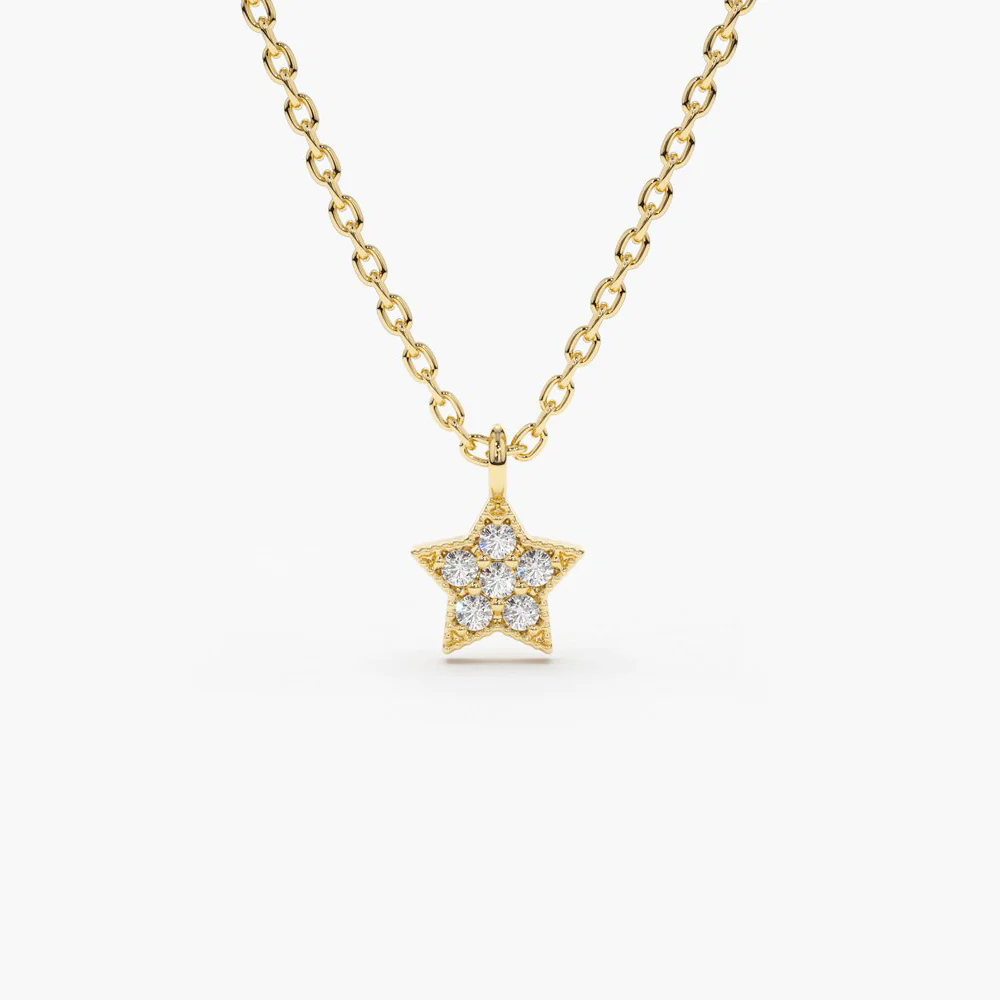 14K Solid Gold Diamond Star Charm Necklace