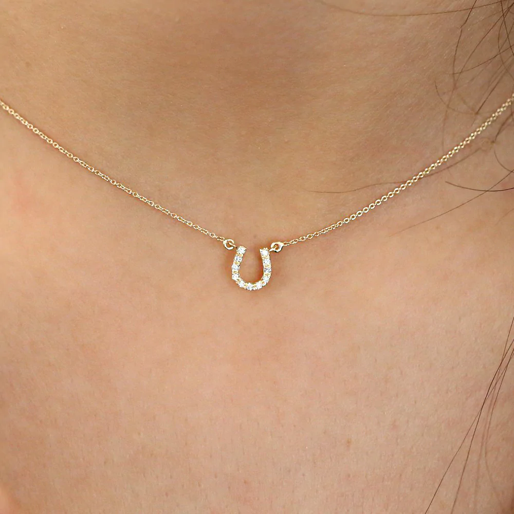 14K Solid Gold Mini Diamond Horseshoe Necklace view 2