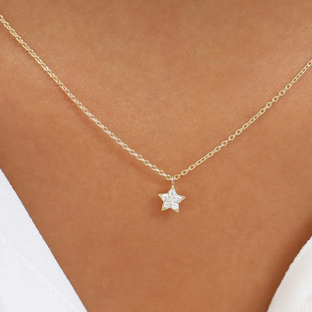 14K Solid Gold Diamond Star Charm Necklace view 2