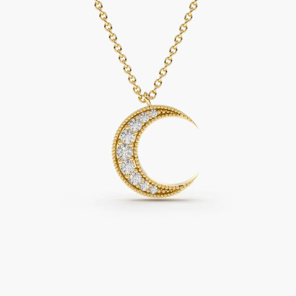 14K Solid Gold Mini Crescent Moon Diamond Necklace