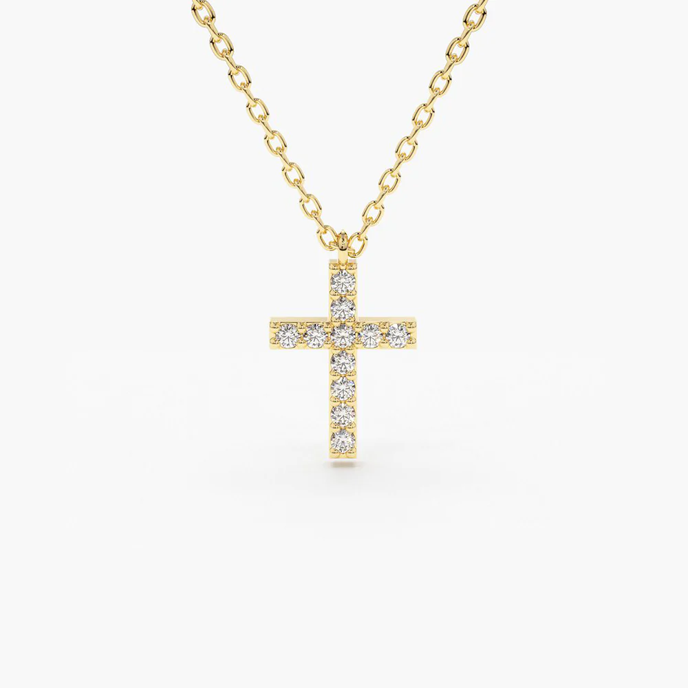 14K Solid Gold Micro Pave Diamond Cross Necklace