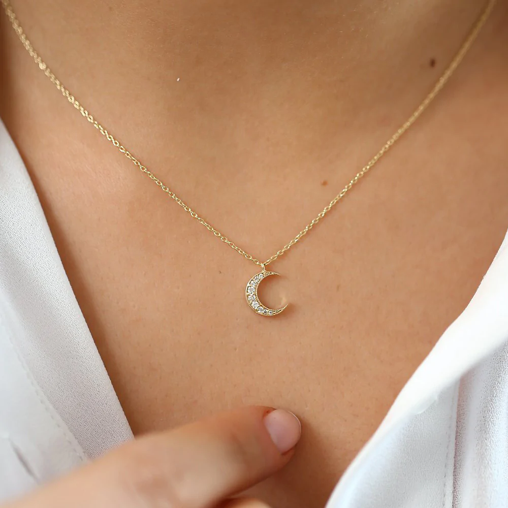 14K Solid Gold Mini Crescent Moon Diamond Necklace view 2
