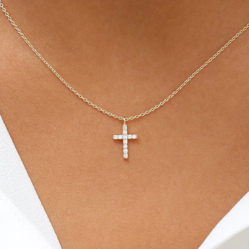 14K Solid Gold Micro Pave Diamond Cross Necklace view 2