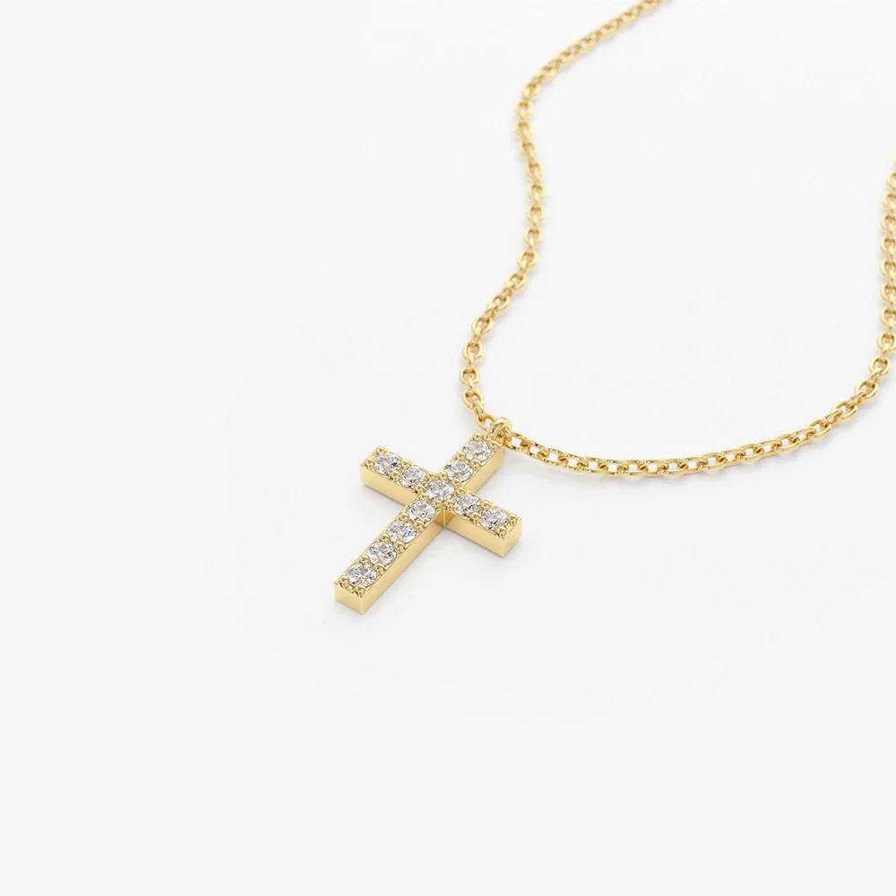 14K Solid Gold Micro Pave Diamond Cross Necklace view 3