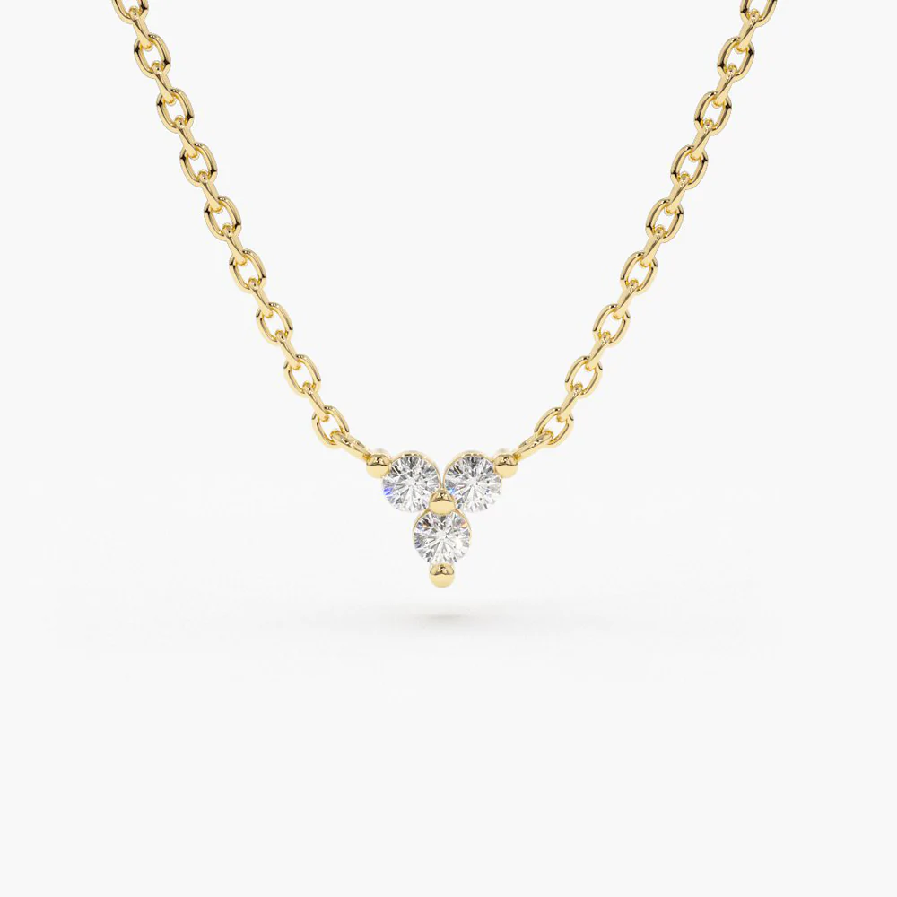 14K Solid Gold Round Cut Diamond Trio Necklace