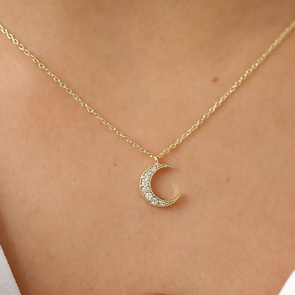 14K Solid Gold Mini Crescent Moon Diamond Necklace view 4
