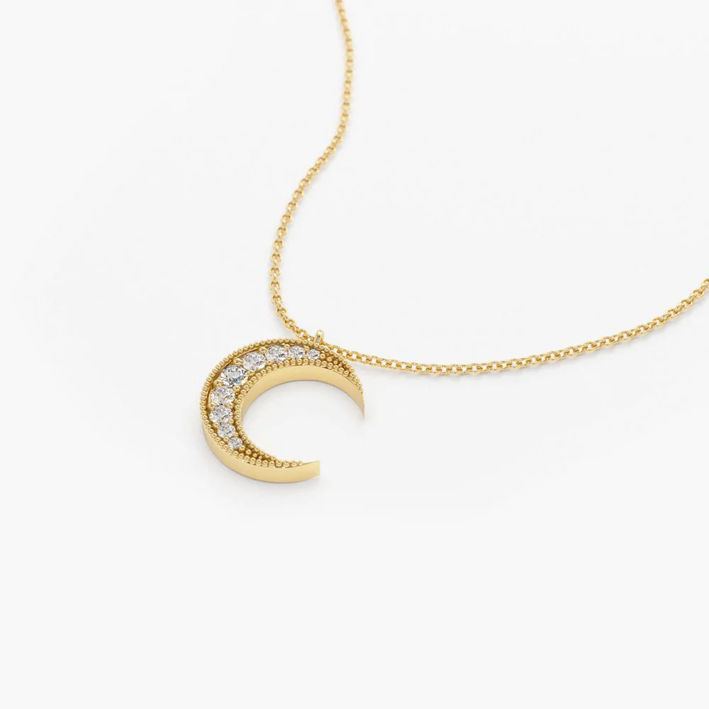 14K Solid Gold Mini Crescent Moon Diamond Necklace view 5