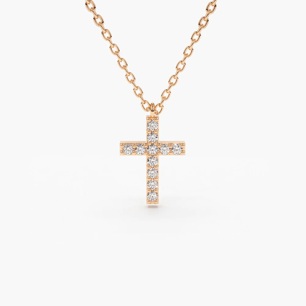 14K Solid Gold Micro Pave Diamond Cross Necklace view 4