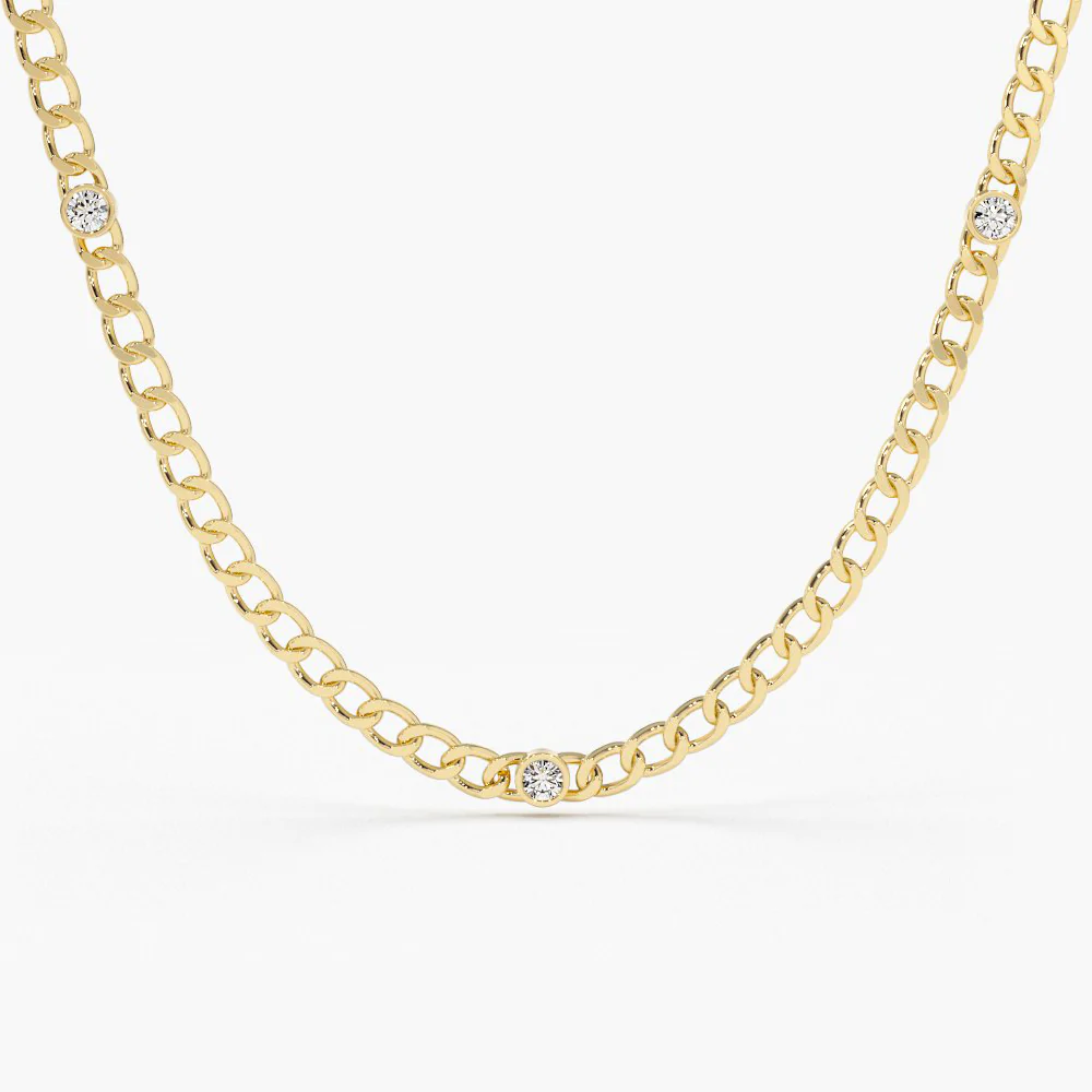 14K Solid Gold Cuban Link Necklace with Bezel Setting Diamond