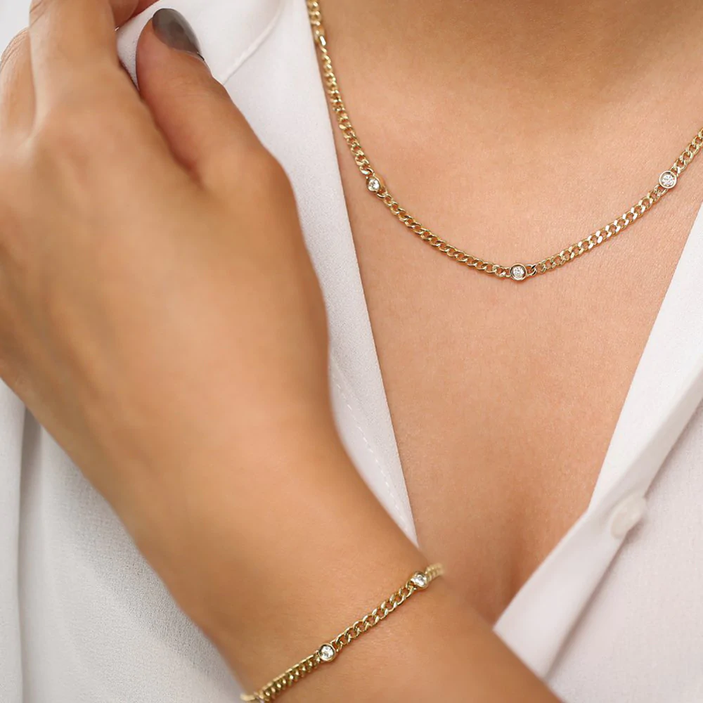 14K Solid Gold Cuban Link Necklace with Bezel Setting Diamond view 3
