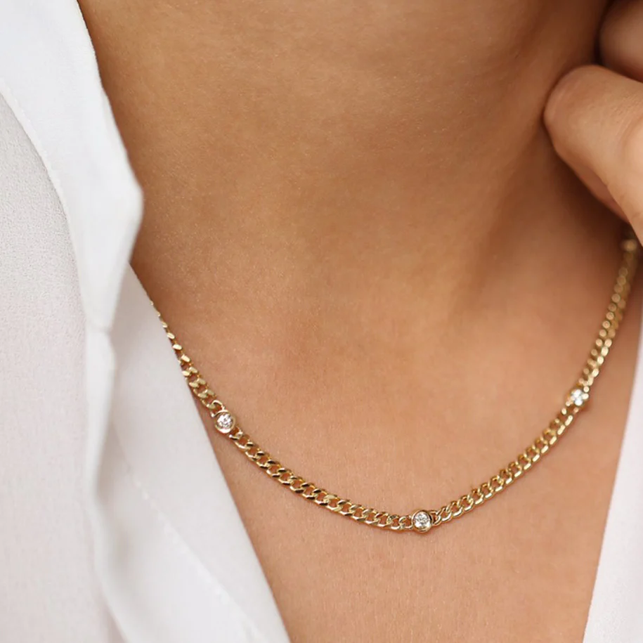 14K Solid Gold Cuban Link Necklace with Bezel Setting Diamond view 4