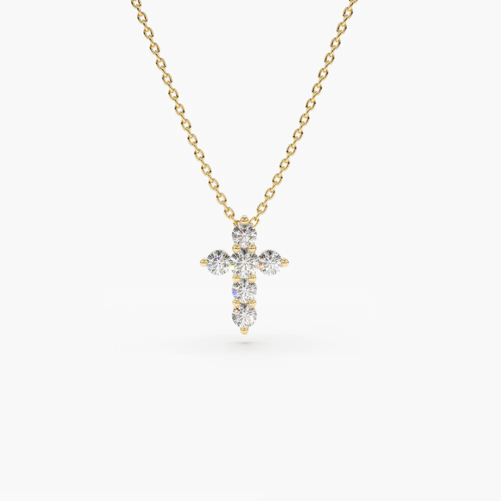 14K Solid Gold Tiny Diamond Cross Necklace