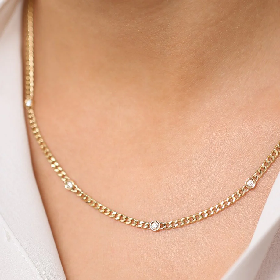 14K Solid Gold Cuban Link Necklace with Bezel Setting Diamond view 5