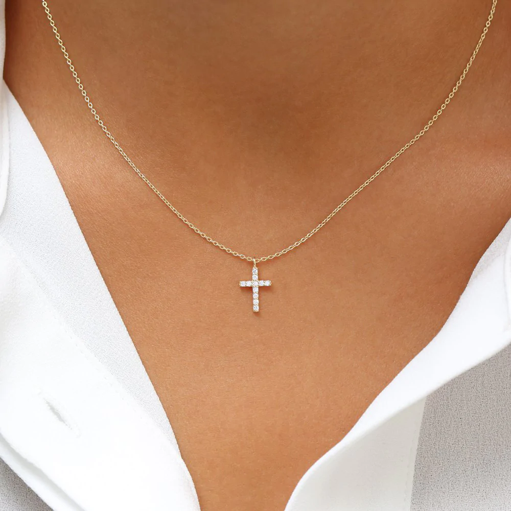 14K Solid Gold Micro Pave Diamond Cross Necklace view 5