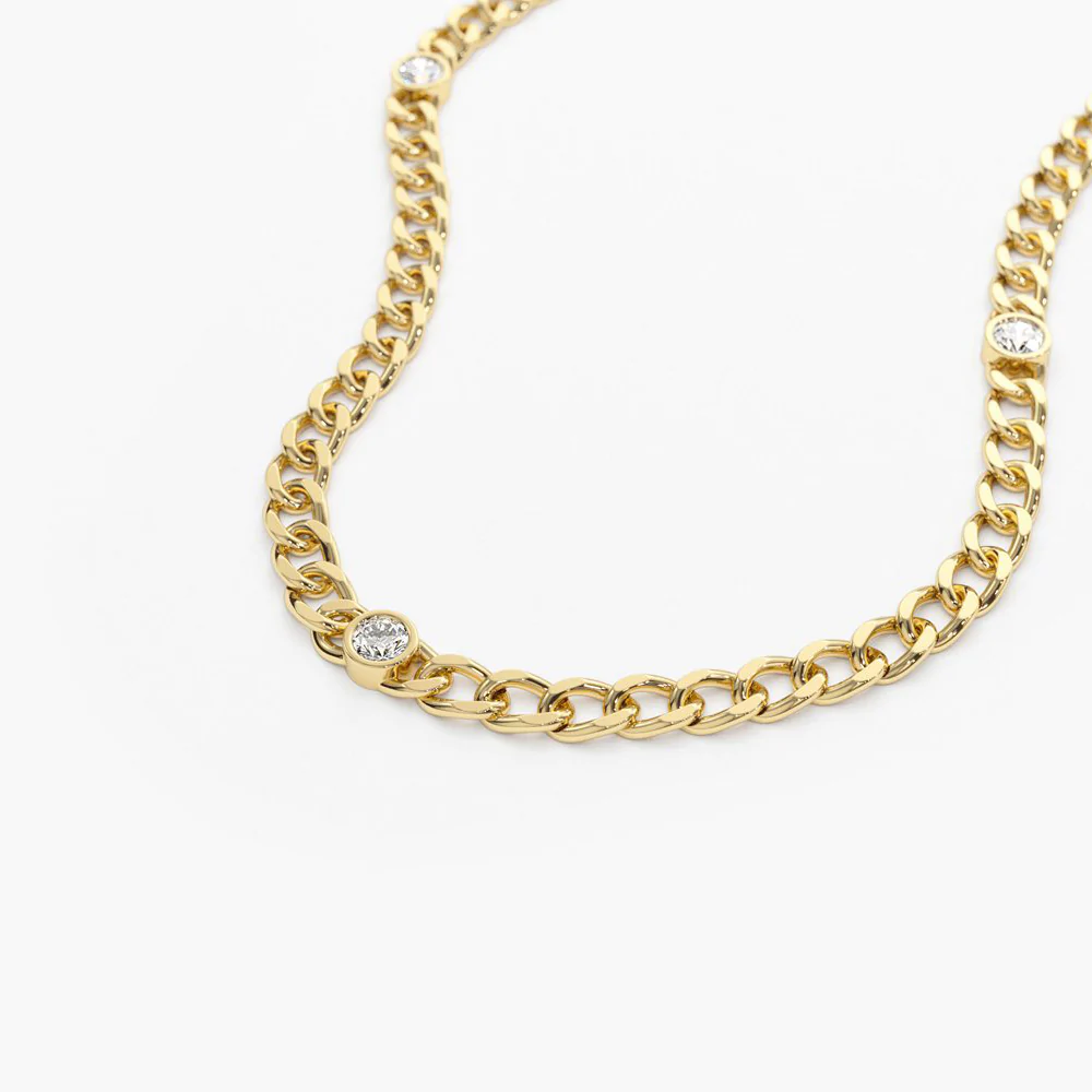 14K Solid Gold Cuban Link Necklace with Bezel Setting Diamond view 6