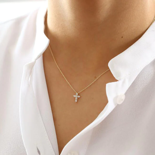 14K Solid Gold Tiny Diamond Cross Necklace view 3
