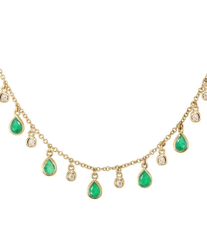 14K Solid Gold Emerald And Diamond Teardrop Necklace