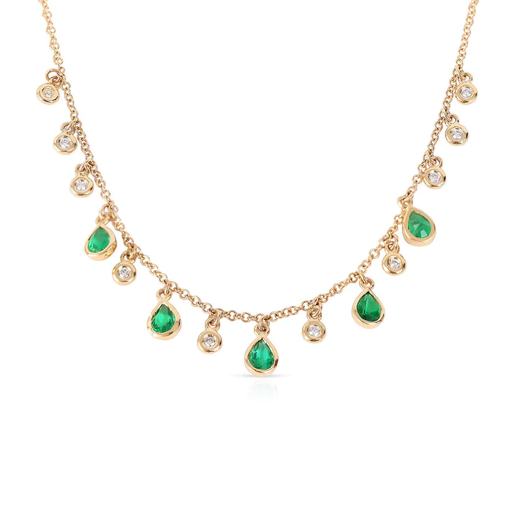 14K Solid Gold Emerald And Diamond Teardrop Necklace view 2