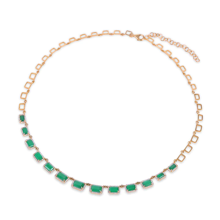 14K Solid Gold Graduated Emerald & Diamond Necklace