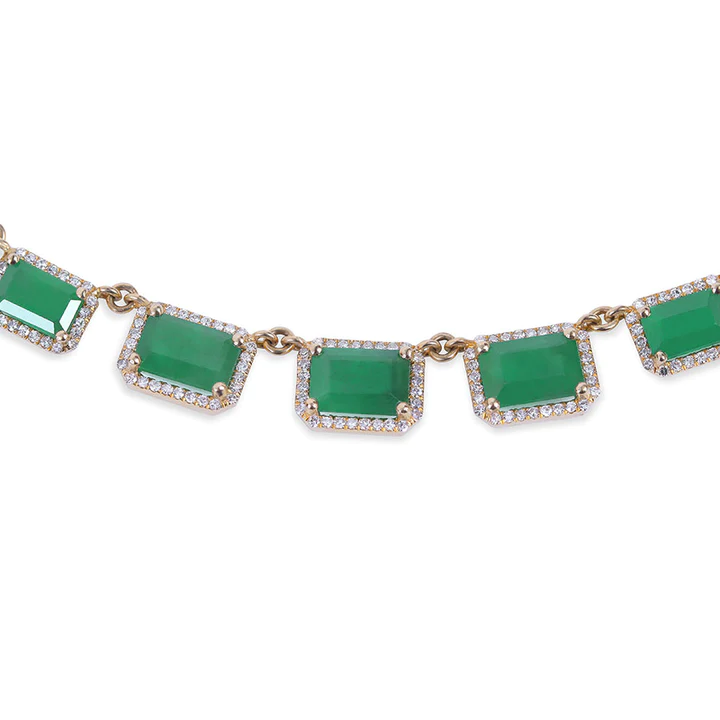 14K Solid Gold Graduated Emerald & Diamond Necklace view 2