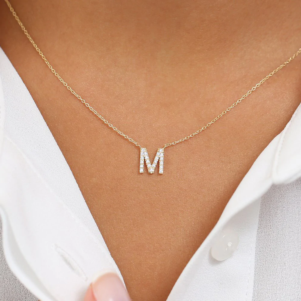 14K Solid Gold Diamond Initial Necklace view 4