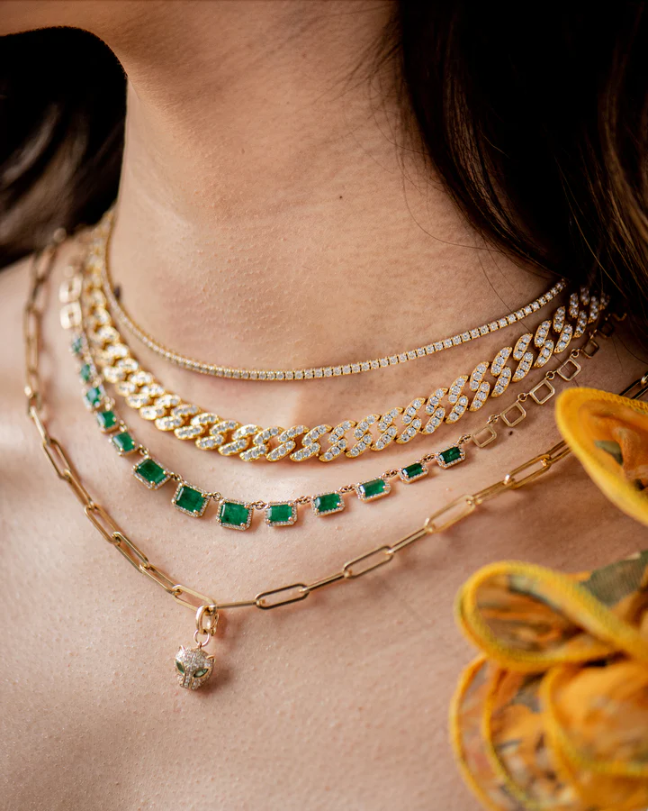 14K Solid Gold Graduated Emerald & Diamond Necklace view 3