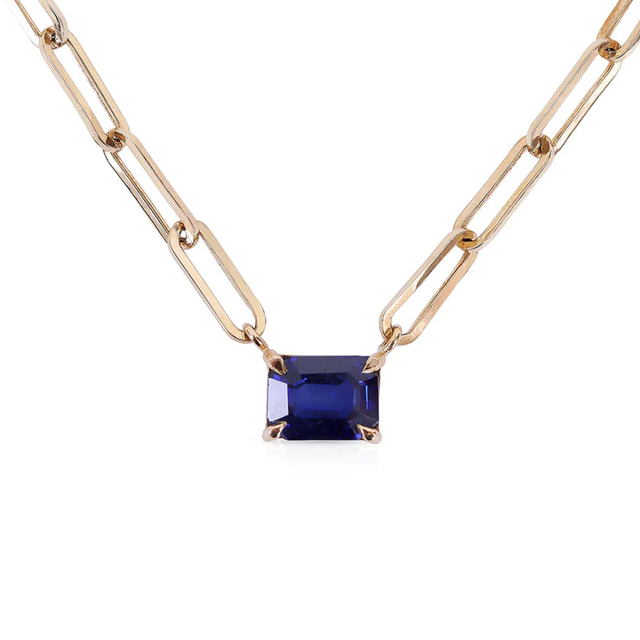 14K Solid Gold Sapphire Paperclip Necklace