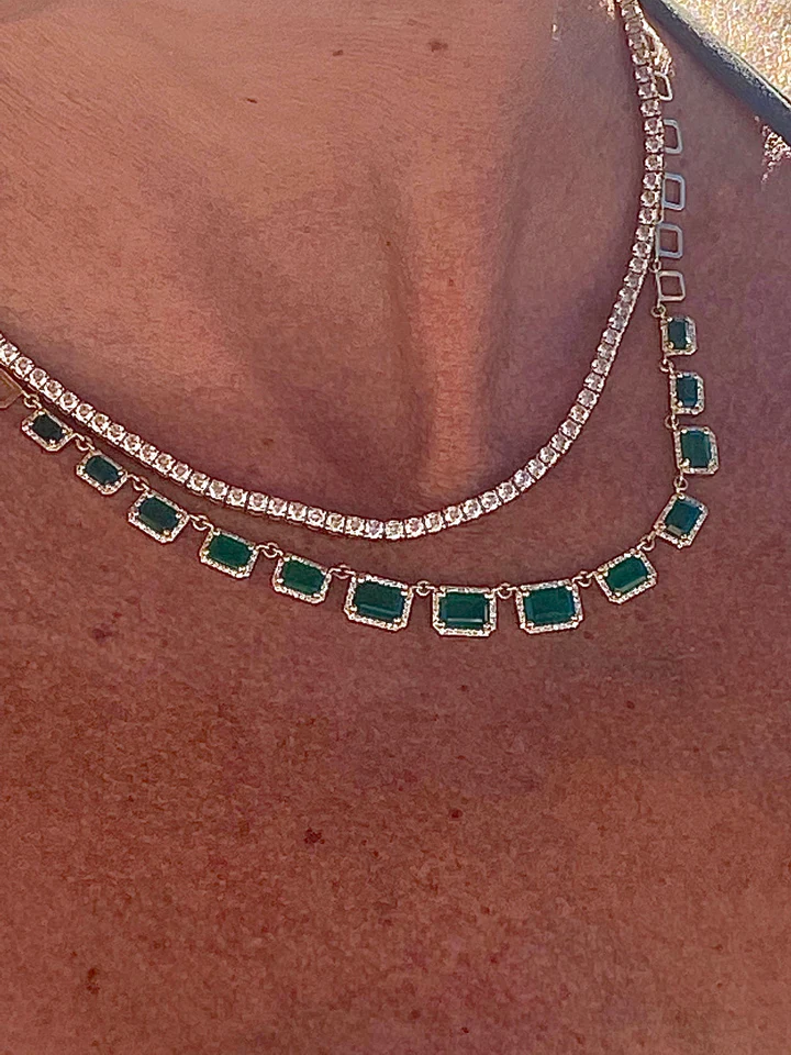 14K Solid Gold Graduated Emerald & Diamond Necklace view 4