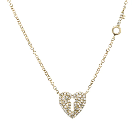 14K Solid Gold Diamond Heart And Key Necklace