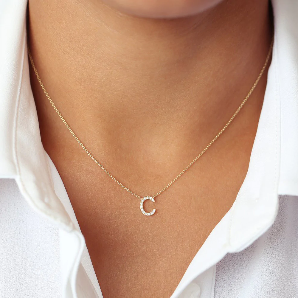 14K Solid Gold Diamond Initial Necklace view 6