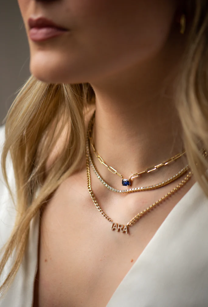 14K Solid Gold Sapphire Paperclip Necklace view 2